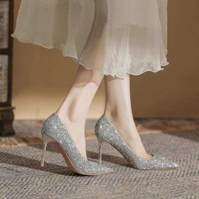 

Свадебная обувь туфли невесты 2025 новые Hexiu свадебное платье двойной способ носки не устают ноги серебристые высокие каблуки тонкий каблук остроносые туфли-лодочки женские 40