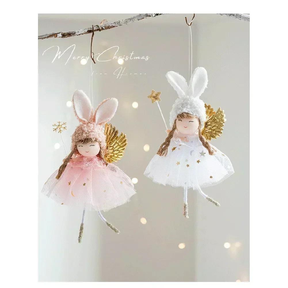 Adorable Bunny Ears Girl Christmas Ornament with Angel Wings Mystical Wand Lightweight Fabric Hanging Decoration