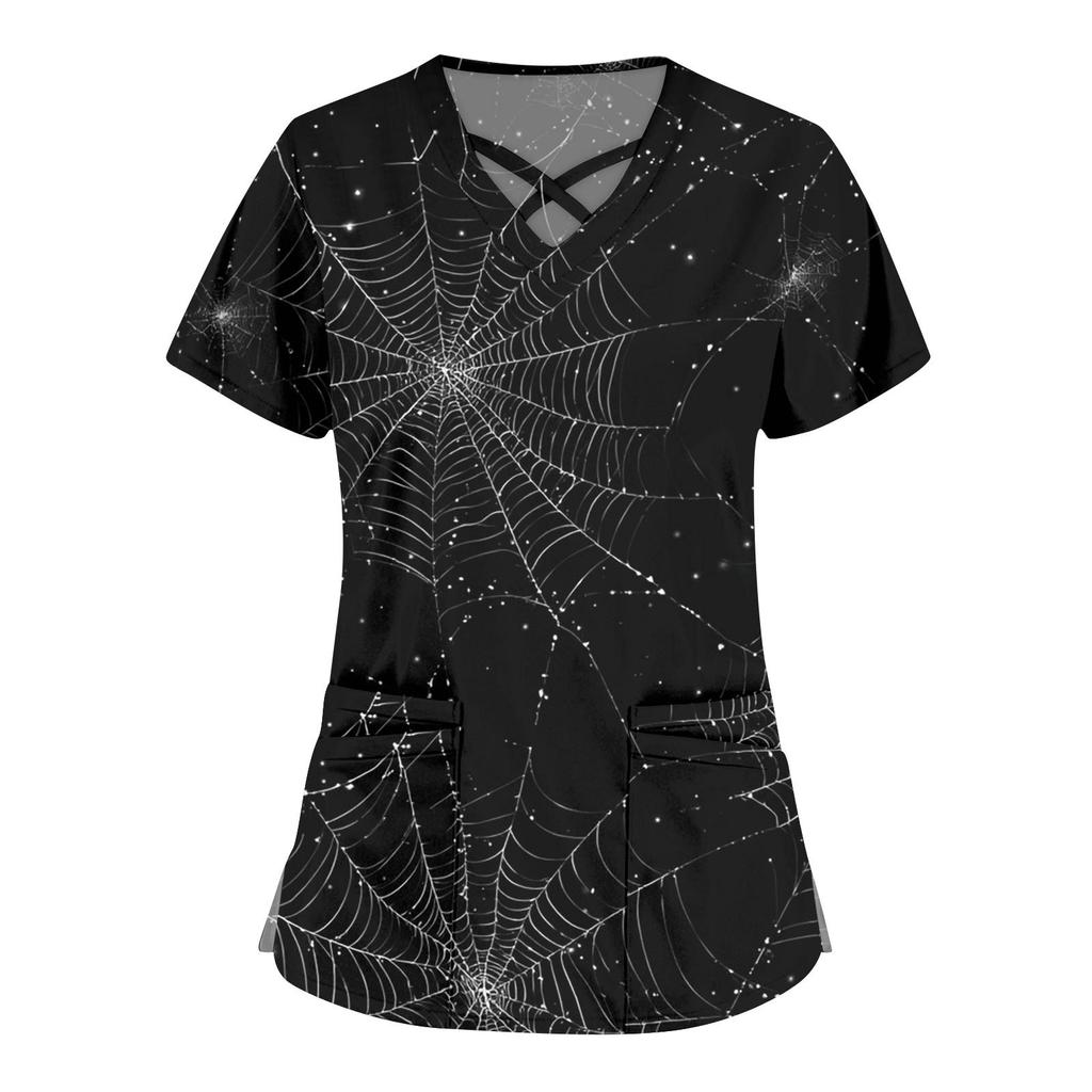 Women's Fashion Cross V Neck Short Sleeve Overalls Double Pockets Halloween Printed Tops Uniforms