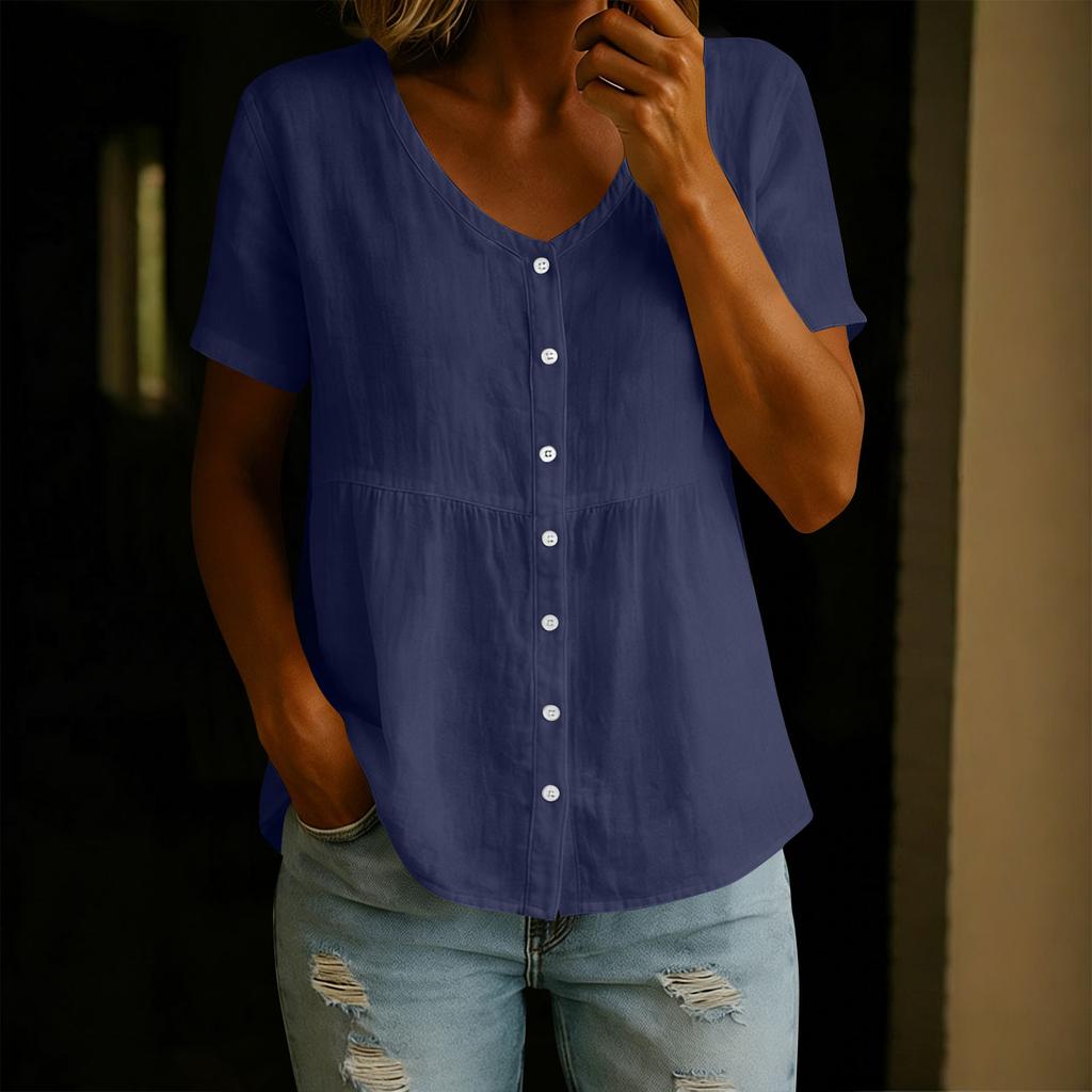 Women's Fashion V-Neck Button-Down Short-Sleeve -Color Casual Top