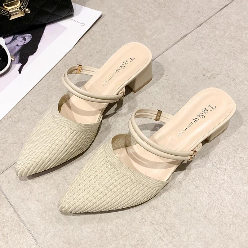 Fashion Summer New Women Pointed Toe Fashion Two-wear Comfortable Sandals Female Thick Heel Sexy Elegant Slippers Ladies Slides Shoes