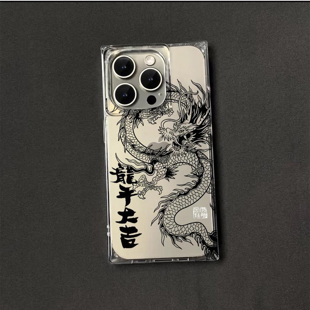 Transparent Square Back Tube Case Casing Protection For iPhone 11 16 ProMax 14 Pro Max 12 15 Plus 13 Anti-Oxygen,Fierce Dragon Pattern