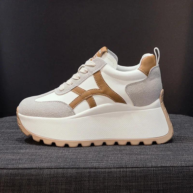 Fashion Top quality 8cm Genuine Leather Platform Wedge Women Spring Autumn Chunky Sneakers Shoes Breathable Comfortable Vulcanize boots