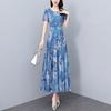 2025 Summer Chiffon Printed Medium Long Dress for Women Round Neck Short Sleeved A-line Design Thin Dress