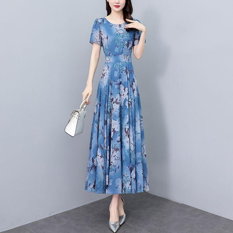 2025 Summer Chiffon Printed Medium Long Dress for Women Round Neck Short Sleeved A-line Design Thin Dress