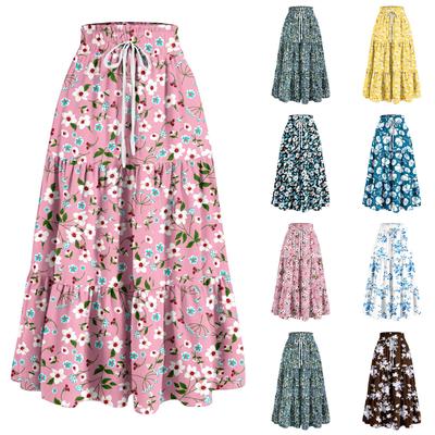 Women's Ruffled Spring Casual Long Skirt Plain Color Skirt Retro Pleated Skirt