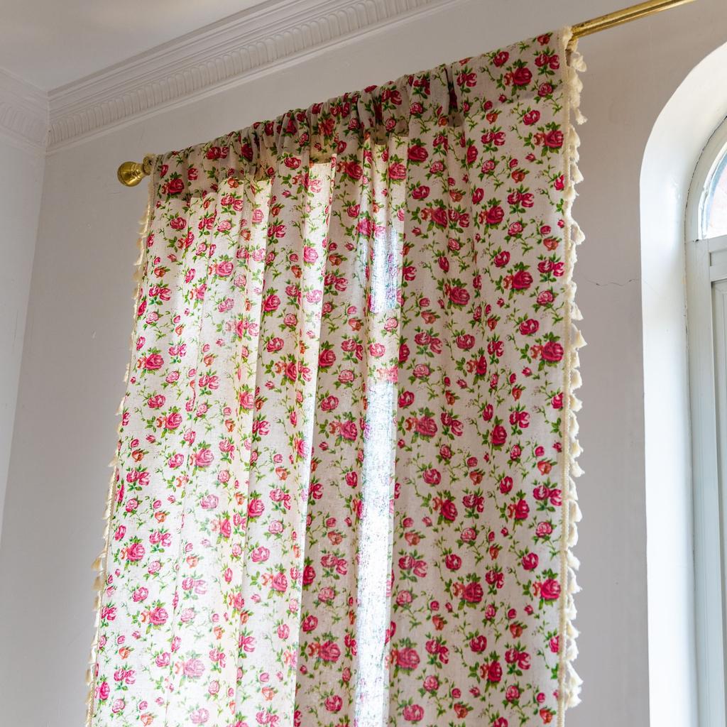 1 Plane Boho Cotton Linen Floral Short Curtain Tassel Trim Rod Pocket Cafe Curtain Kitchen Small Window Semi Blackout Bay Window Farmhouse Decor