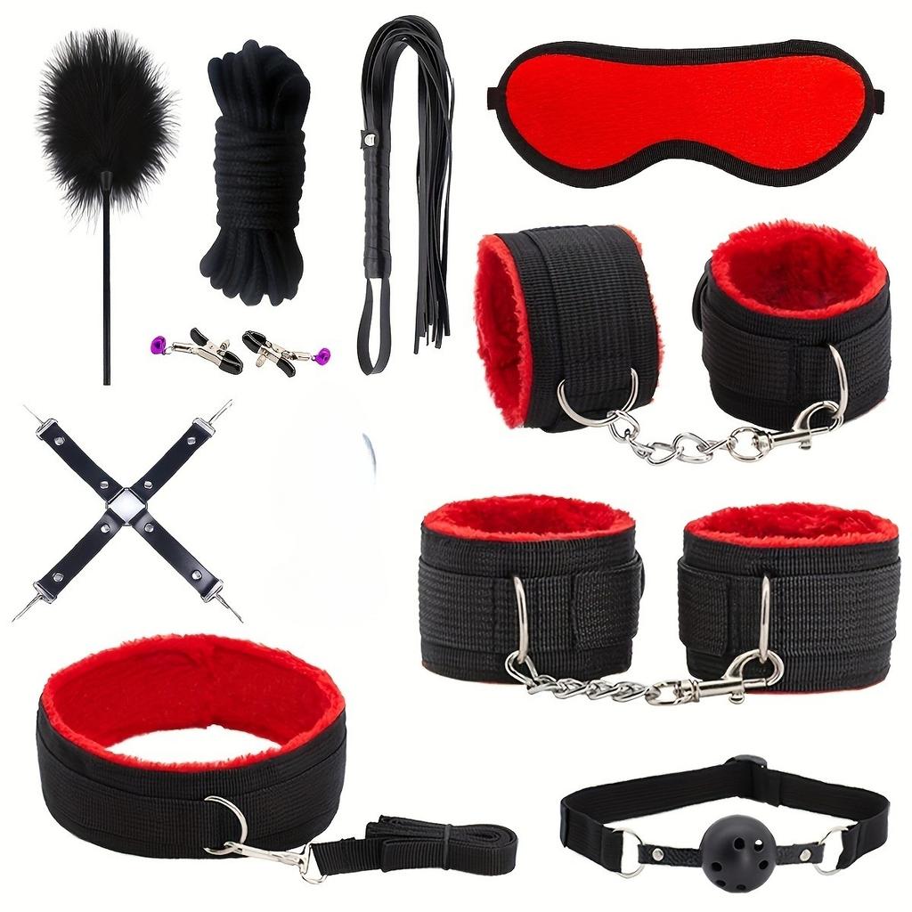 BDSM Bed Restraint Toys - 11-piece Couple Restraint Set Strange Toys with Nipples Handcuffs Collars Ankles Cuffs and Eye Masks