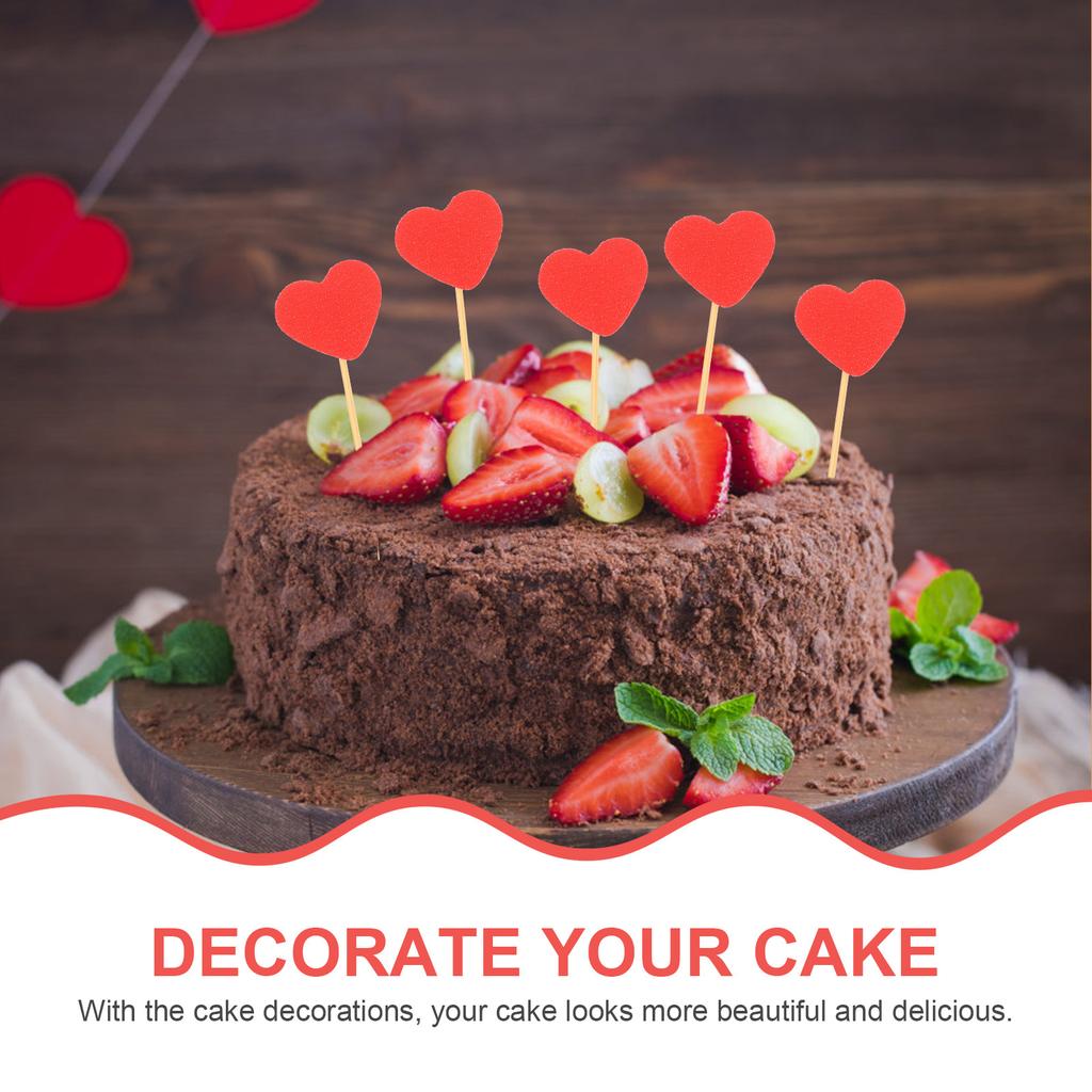 50Pcs Stylish Heart Design Cake Decorations Valentine's Day Cupcake Toppers Wooden Glitter Heart Dessert Picks Festive Party