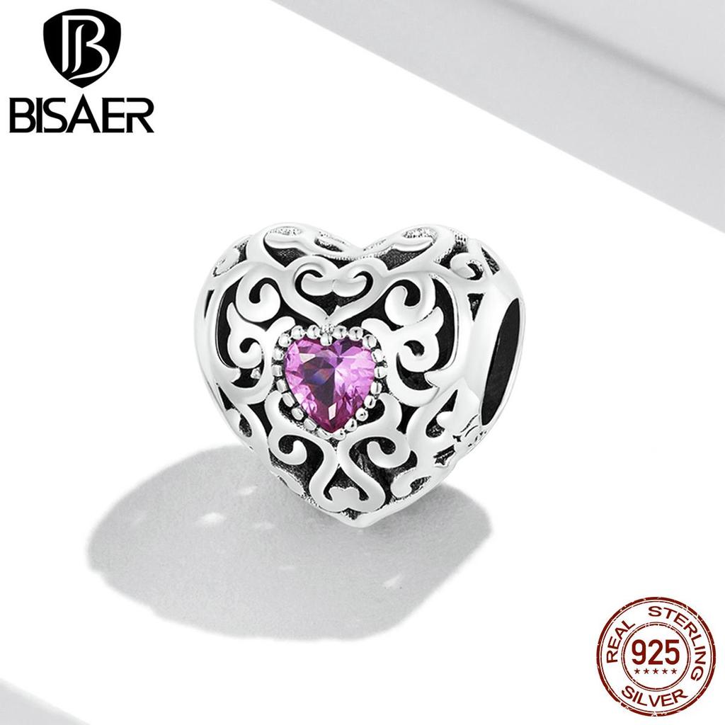 Bisaer Breloc cu inimă cu model Vinatge, inimă goală din argint 925 cu margele de zircon roz pentru femei Brățară Bijuterii fine Cadou