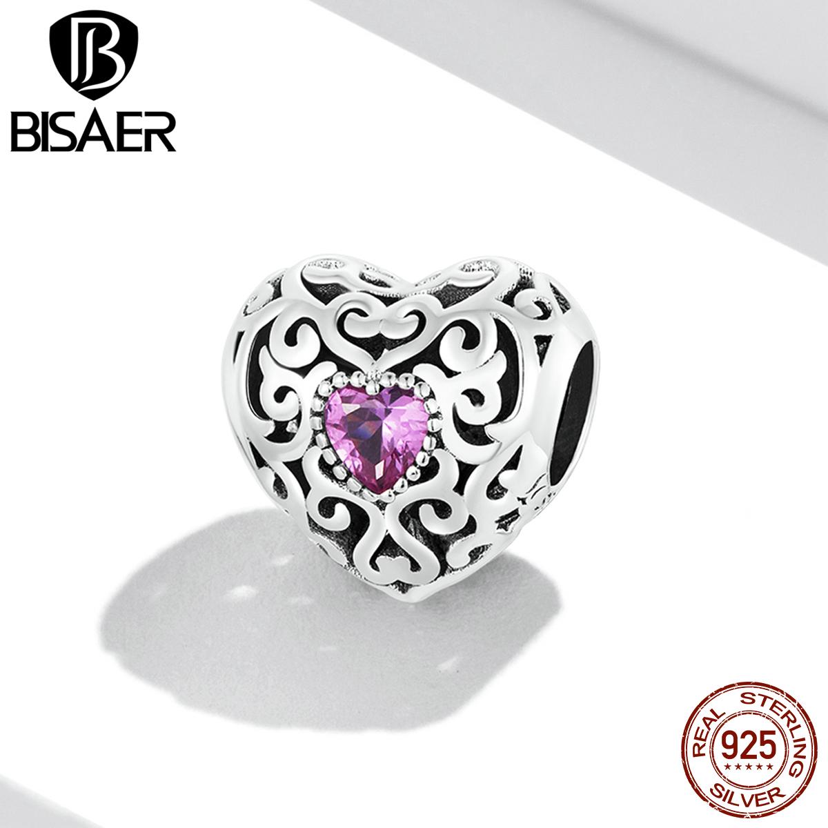 

BISAER Vinatge узор сердца подвески из стерлингового серебра 925 пробы полое сердце с розовыми цирконами бусины для женщин браслет ювелирные украшения подарок 925 silver