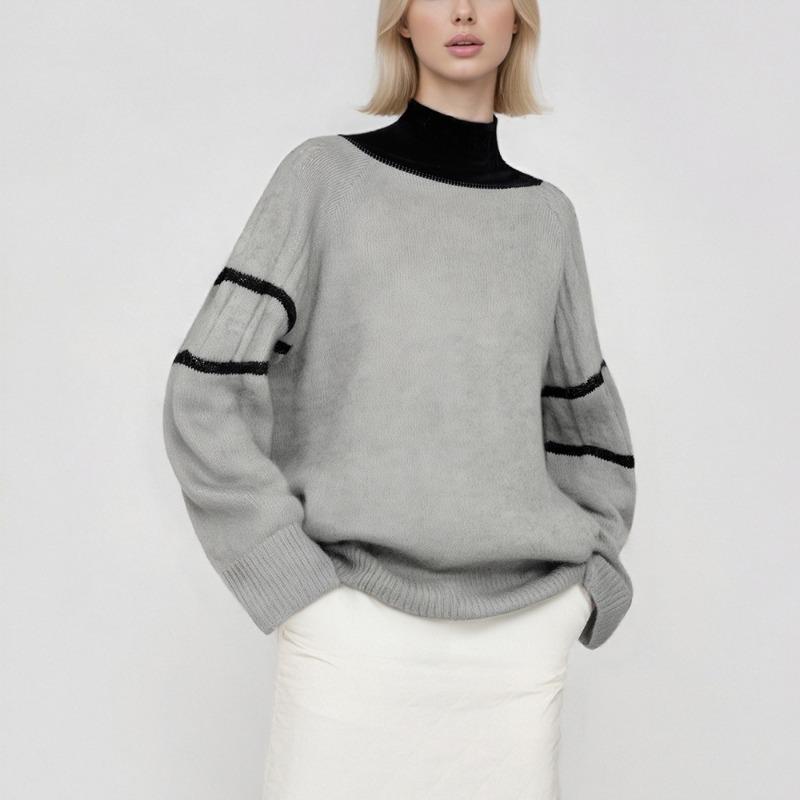 Contrast color collar design sense turtleneck sweater women's style lazy casual autumn and winter new loose inner knitted sweater