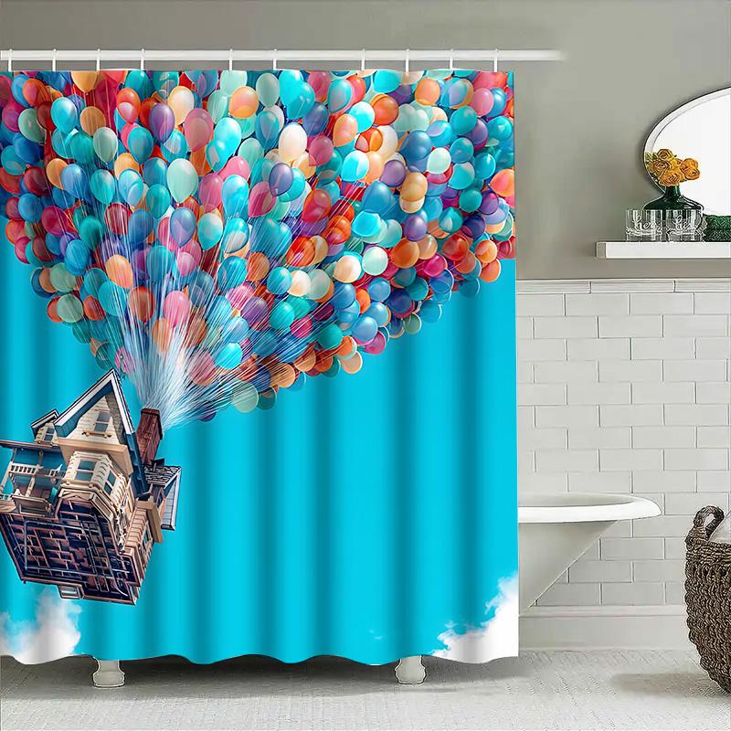 Colorful Balloons House Shower Curtain Dreamy Sky Design Waterproof Fabric Bathroom Decor Unique Artistic Print Elevate Space