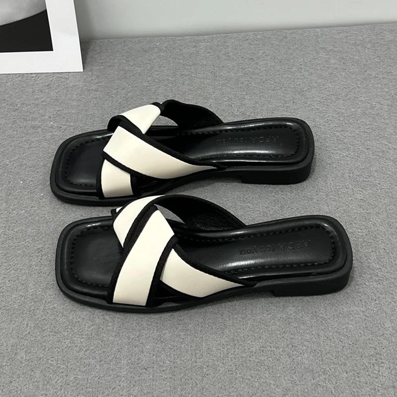 Fashion Women's Slippers and Ladies Sandals Open Toe Low Heel Outside on Beach House Black Indoor Home Slides Shoes Off White Word Flat