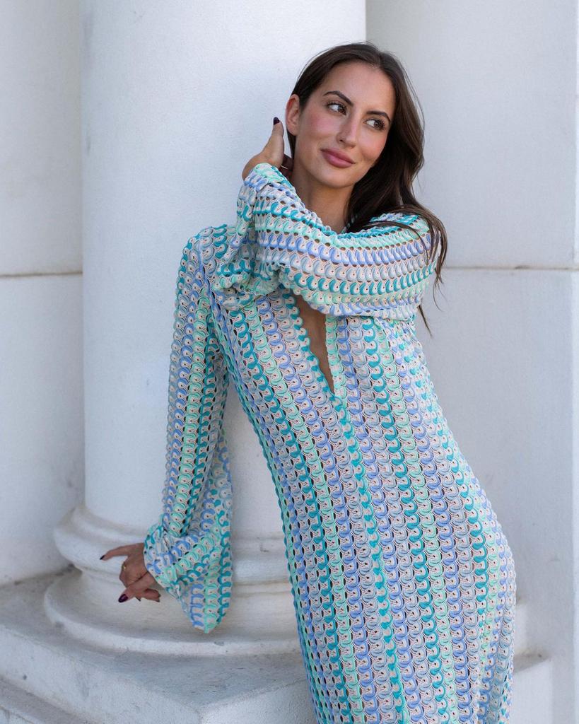 Lace Beach Dress V Neck Hollow Out Split One Piece Dress Long Sleeve Crochet Knit Cover Up Maxi Dress for Women