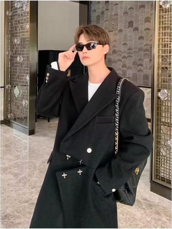 Men's Autumn/Winter 2025 Trendy Woolen Lapel Trench Coat - Scruffy Cool Mid-Length Outerwear
