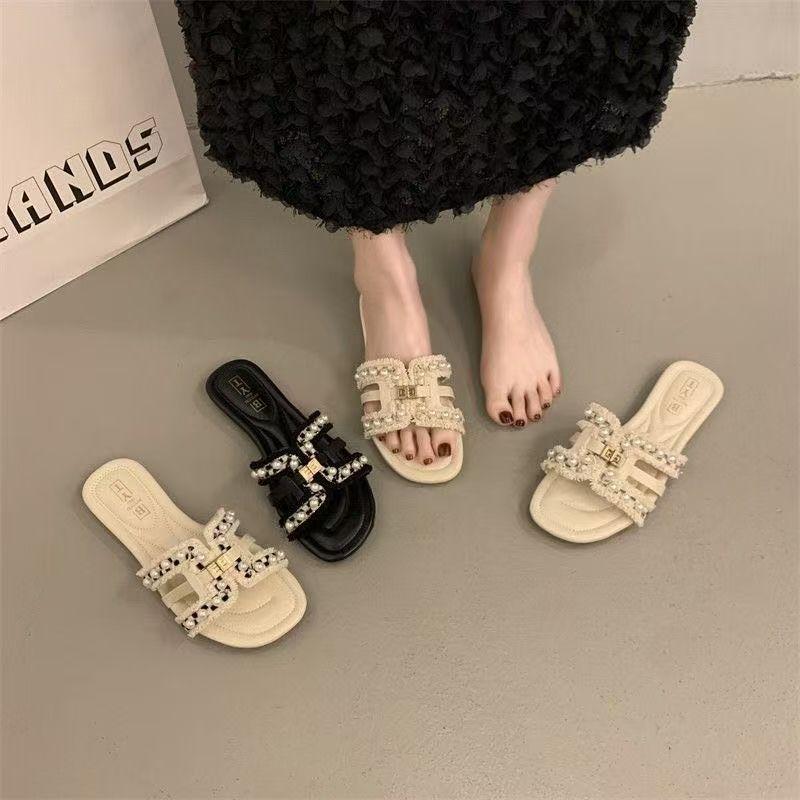 Women's outer wear 2025 summer new soft-bottomed one-word fairy versatile pearl beach drag Xiaoxiangfeng flat-bottomed slippers