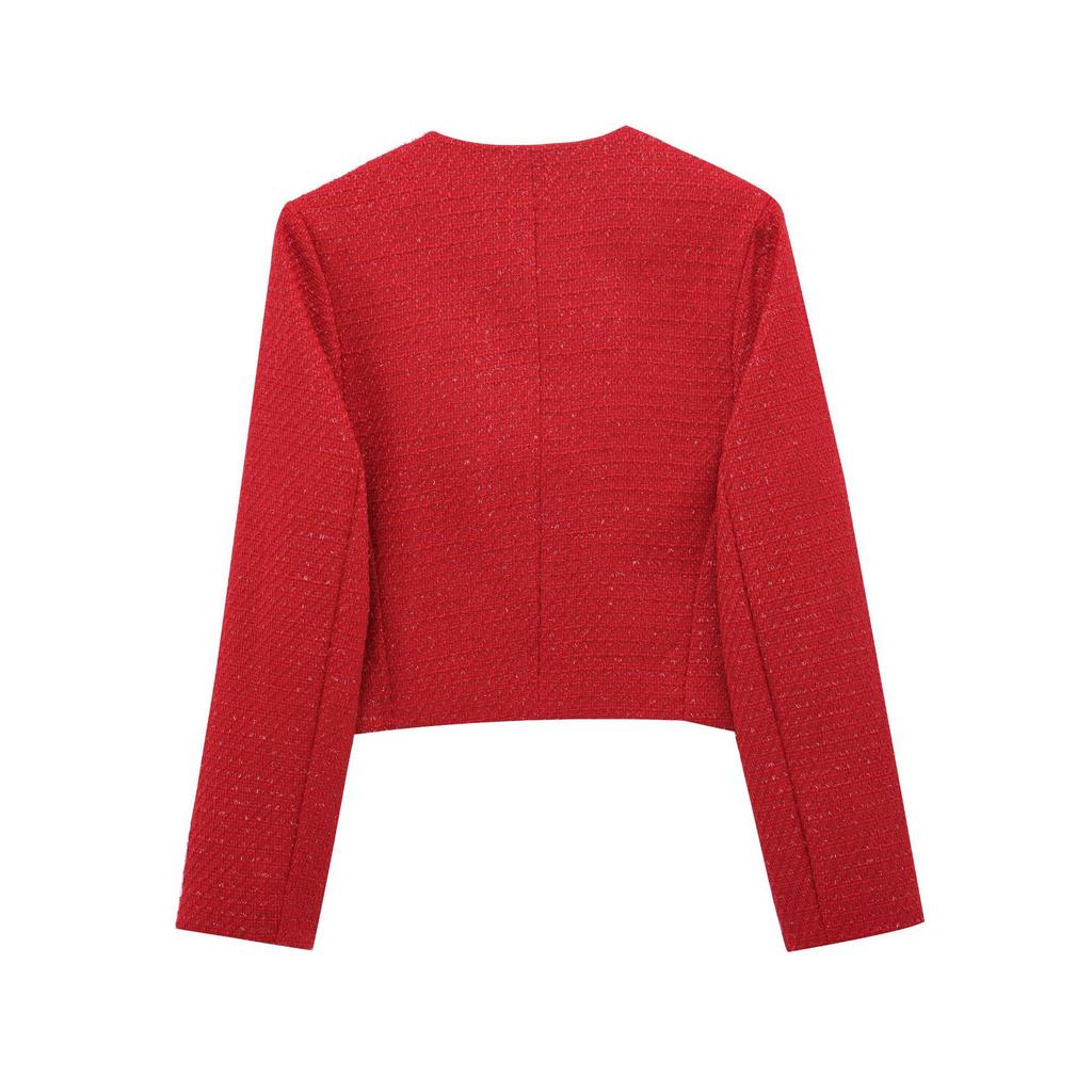 Dámská móda jaro 2025: Evropské a americké všestranné texturované sako ve francouzském stylu s knoflíkovou dekorací