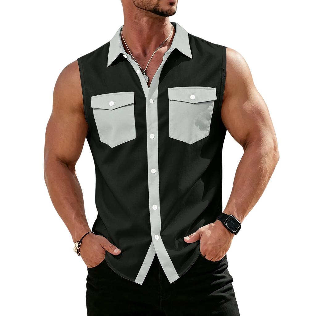 Men's Workwear Lapel Button-Down Vest Shirt - Lightweight Sleeveless Top