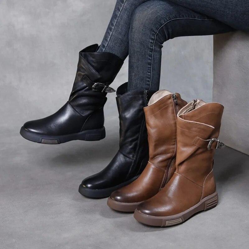 Johnature Genuine Leather Flat Mid-calf Boots For Women's Vintage Solid Color Side Zippered Boots