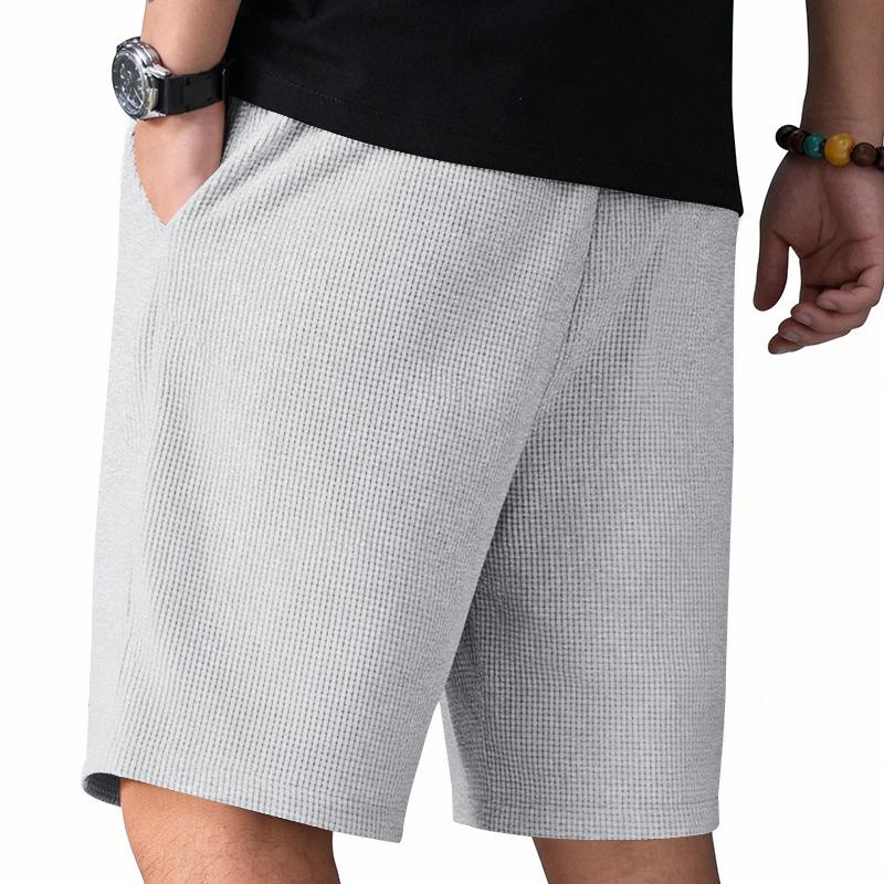 Herren Waffelstrick Kordelzug Taille Freizeitshorts Kleines Etikett Einfarbig Sport Shorts
