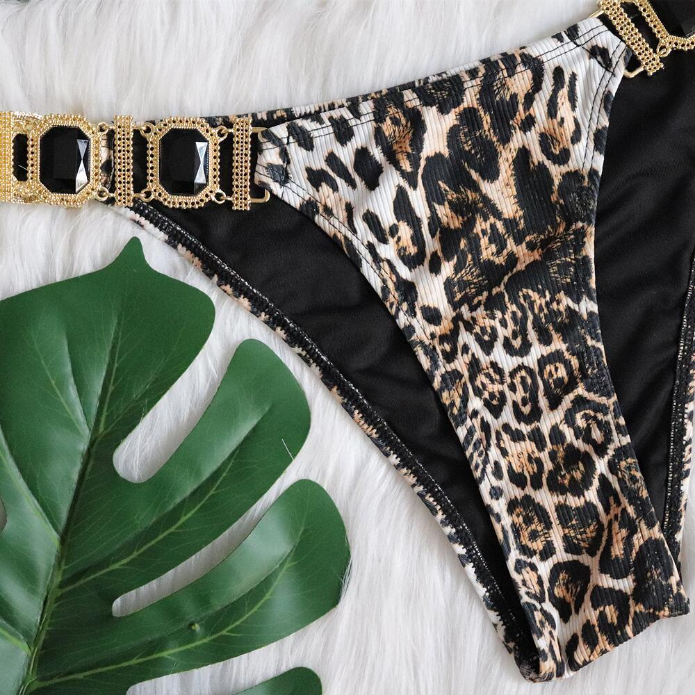 Bikini Swimsuit Female Style Sexy Leopard Diamond Low Waist Gathering Swimsuit