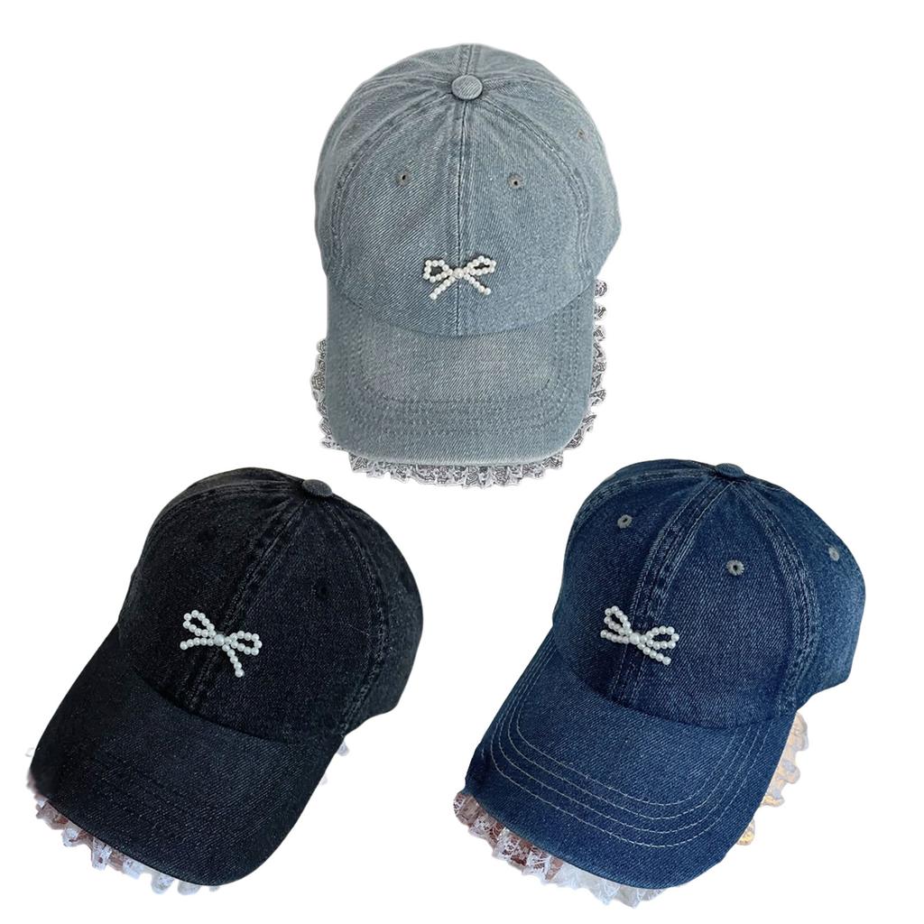 Women Adjustable Fabric Baseball Caps with 3D Pearls Bowknot and Elegant Lace Detailing for Sport Wear Outdoor Activity