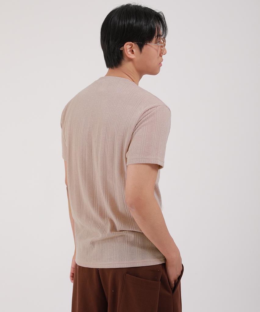 Dibellobeu Ribbed Henley Neck Short Sleeve T-Shirt_Beige