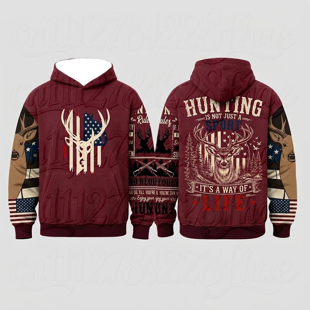 Vintage Camo Deer Hunting Print Parent-Child Long Sleeve Hoodie Casual Independence Day 4th of July Sweatshirt Tops Streetwear