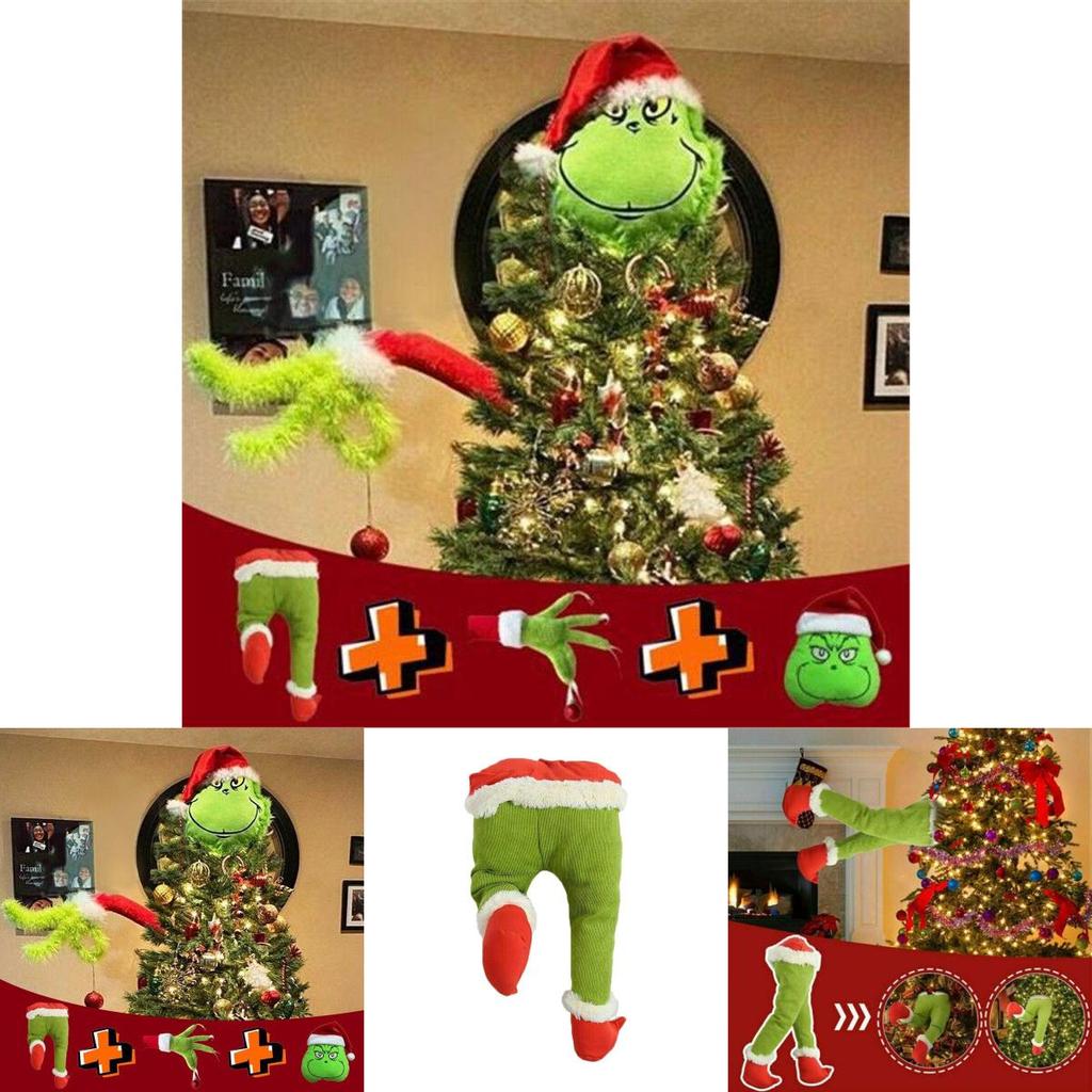 Charming Grinch Christmas Decorations Furry Green Leg And Head Tree Ornament Set