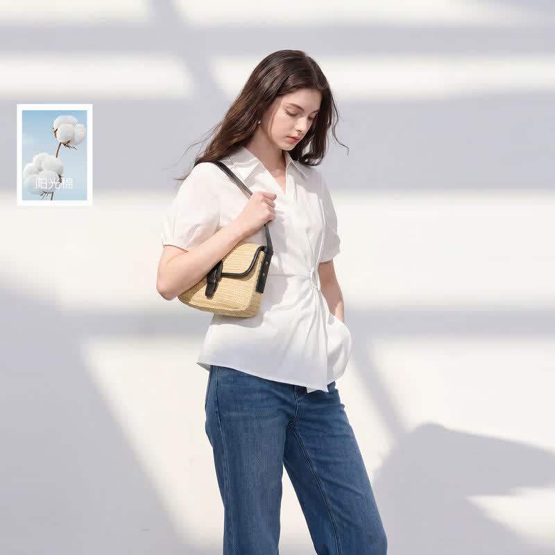 Sancai 2026 Summer Elegant White Lapel Lantern Sleeve Shirt S
