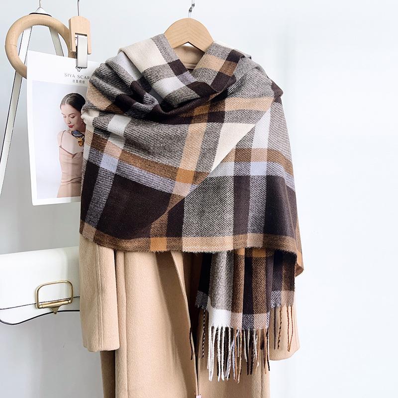 Women S Blue Plaid Faux Cashmere Scarf Warm Neck Wrap For Winter