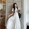 Women's Summer Puff Sleeve White Shirt Dress - College Style, Waist-Cinching, Sweet & Slim Fit