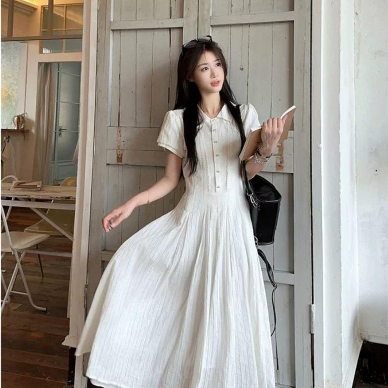 Women's Summer Puff Sleeve White Shirt Dress - College Style, Waist-Cinching, Sweet & Slim Fit