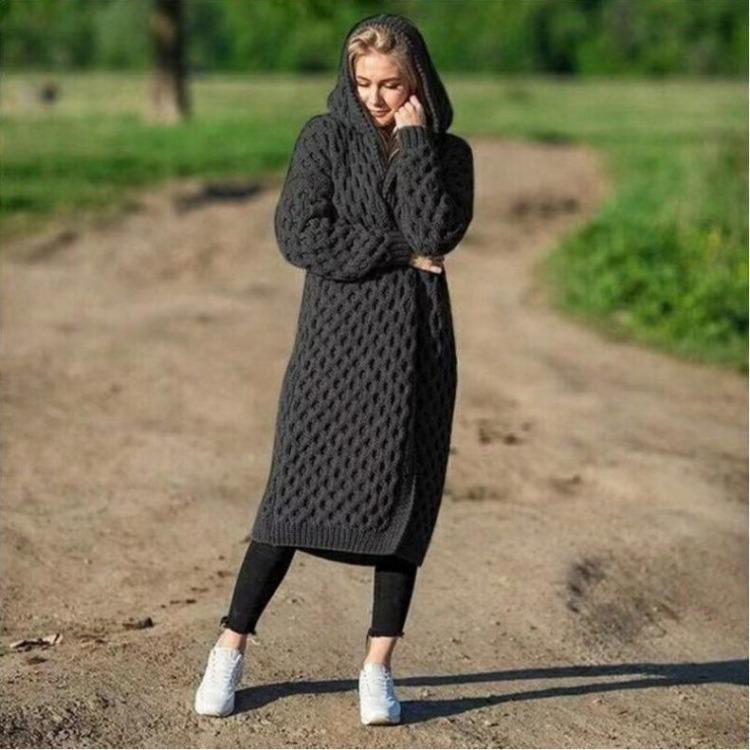 

Warm Knitted Long Cardigan Jacket Women Hooded Solid Color New S чёрный