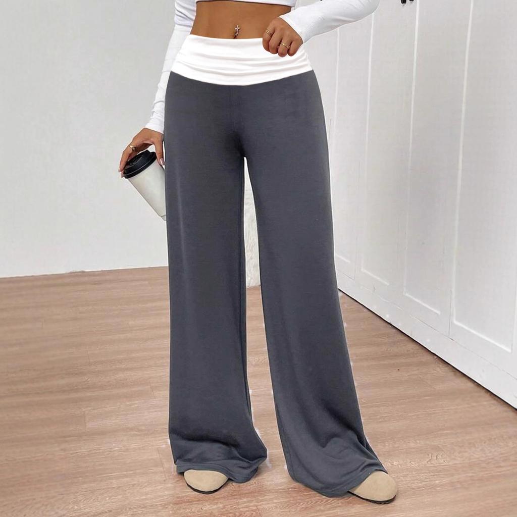 Women's Mid Waist Fold Over Flare Pants Casual Loose Wide Leg Yoga Trousers