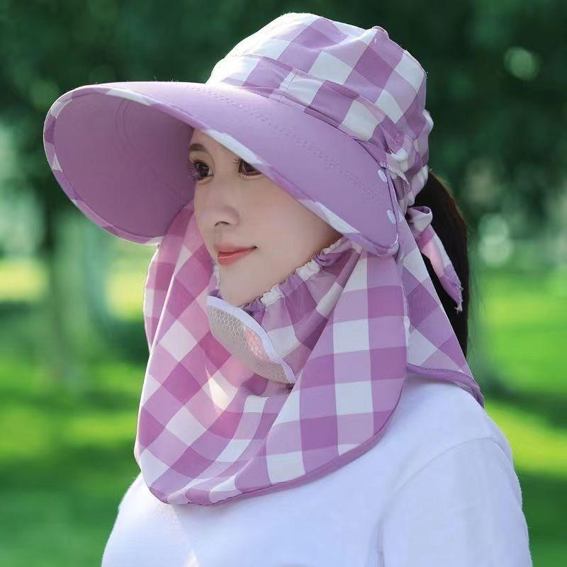 Summer farm work sunscreen cap ultraviolet big brim face mask underground cycling women's plaid sun hat