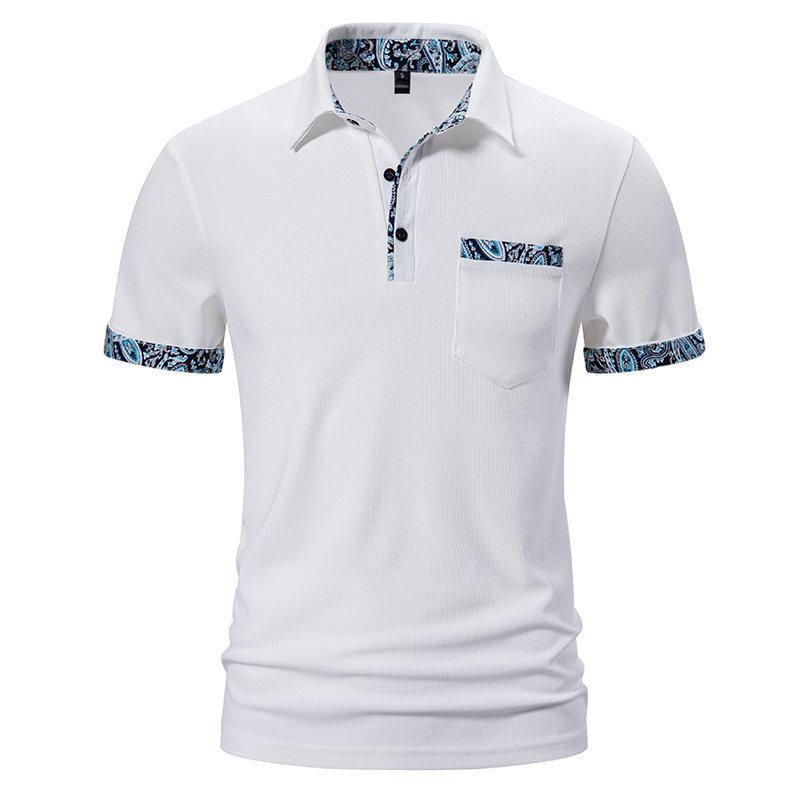 

Pattern Stitching Men Summer Short Sleeve Lapel Slim Fit Polo Shirt Men Golf Polo Shirt Tops 3XL білий