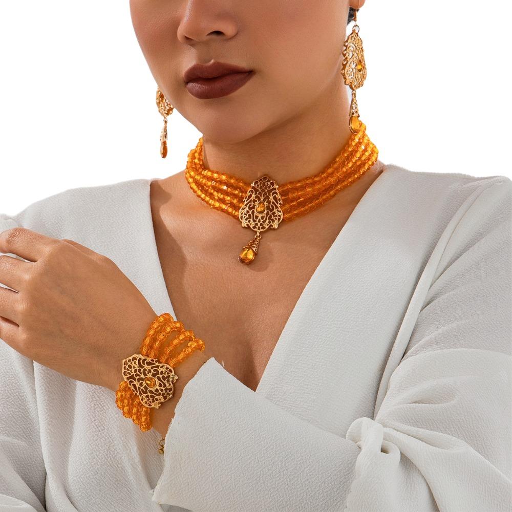 Multilayer Pearl Beaded Bracelet Shiny Necklace Earring Set Temperament Bridal Jewelry Set  Lady