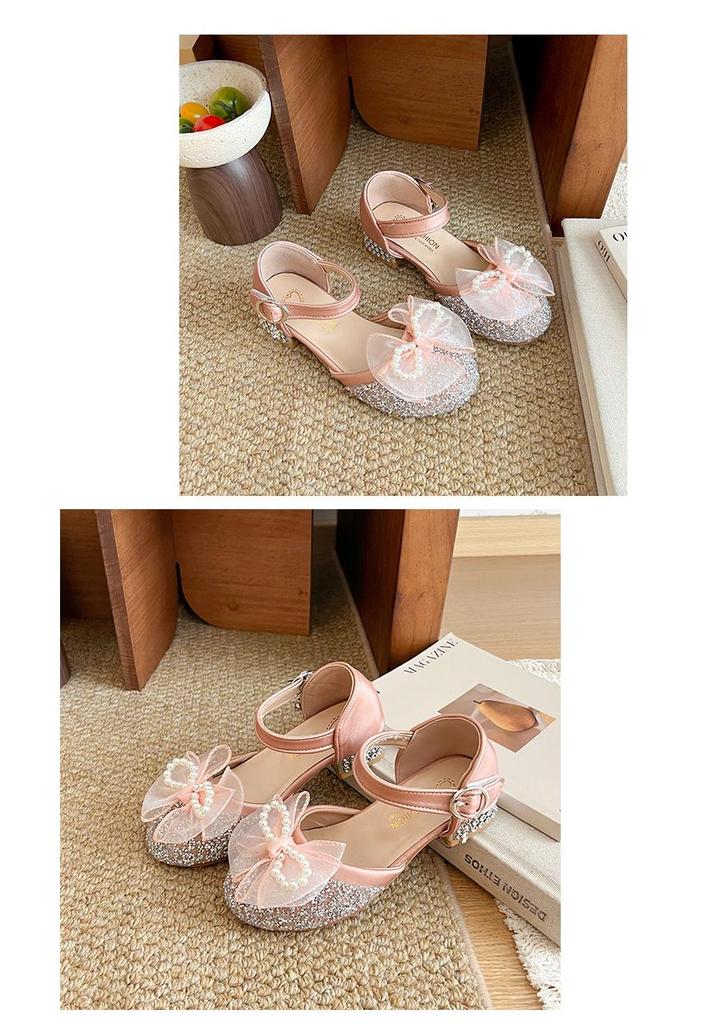 Girls' High-Heeled Closed-Toe Crystal Sandals with Soft Soles - Summer New Princess Leather Shoes.