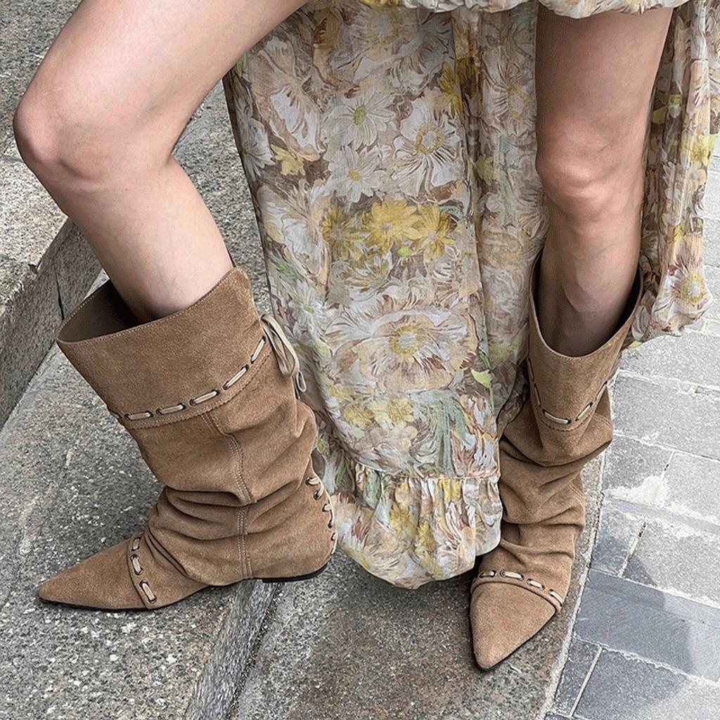 Cowhide Version~ Inner Height-increasing Suede Western Boots Retro Pointed Foldable Two-wear Boots Female Versatile Pleated Knight