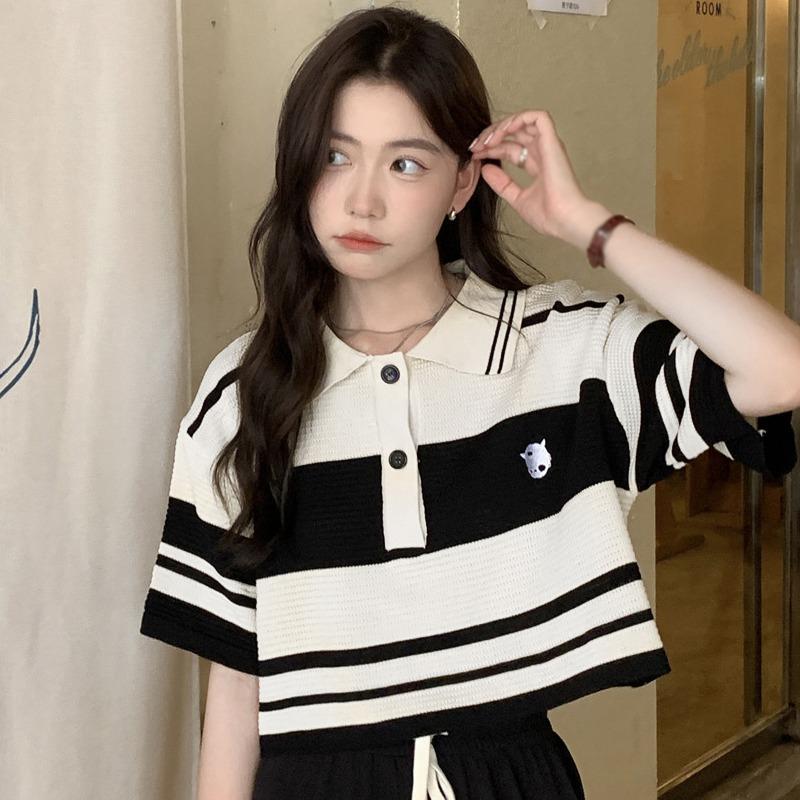 Loose Stripe High Waist Short Short Sleeve Ice Silk Knit Shirt Top T-shirt Woman