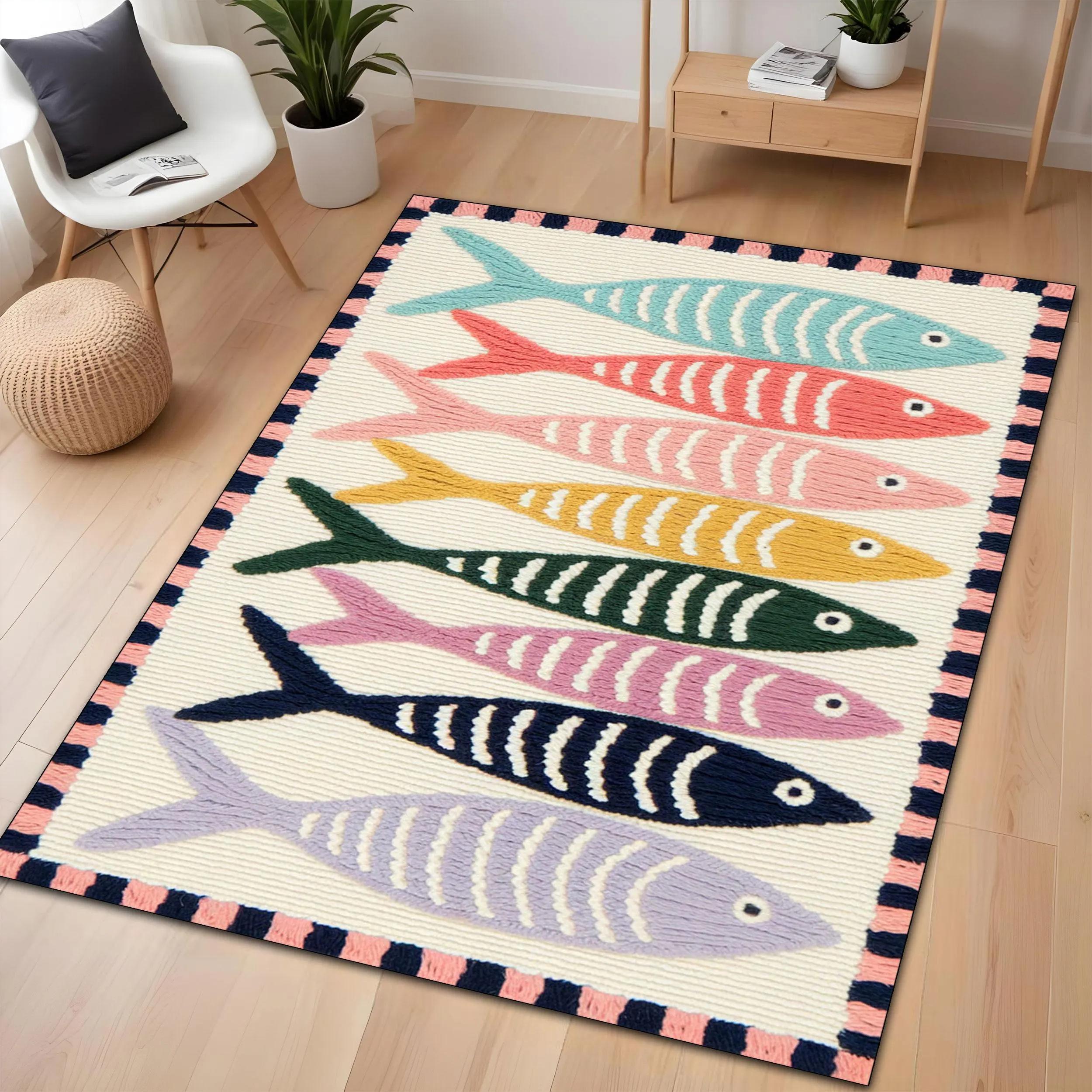 Vloerkleed met Visthema Kleurrijk Oceaanontwerp Antislip Zacht & Duurzaam Ideaal voor Woonkamer Kinderkamer of Strandhuisdecoratie Vloermat 80*120cm
