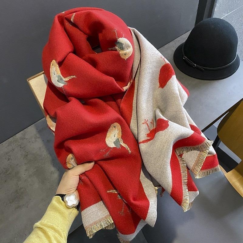 Women S High Grade Thick Warm Faux Cashmere Scarf Green Bird Pattern Air Conditioning Shawl Long Neck Wrap