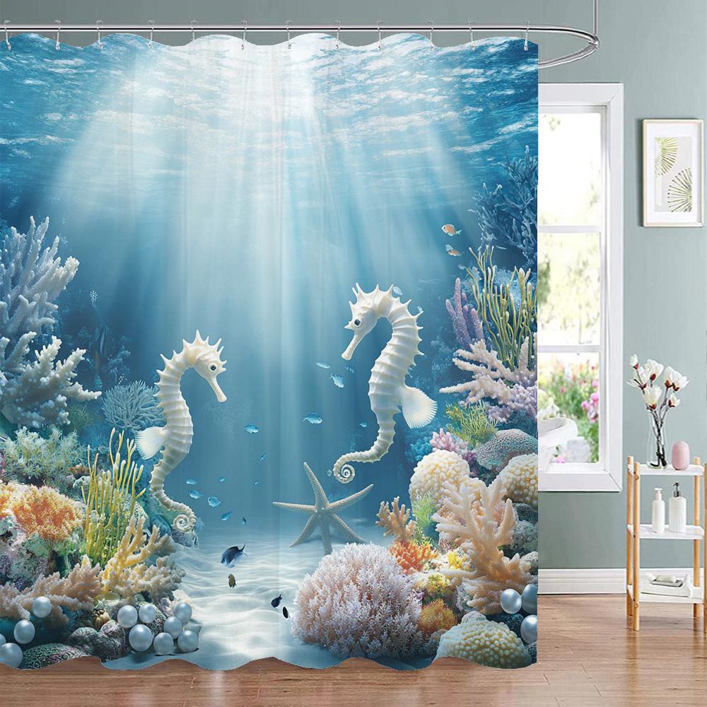 Ocean Animals Shower Curtains,Dolphin Sea Turtle Fish Coral Underwater Cave Scenery Fabric Children Bath Curtain Bathroom Decor