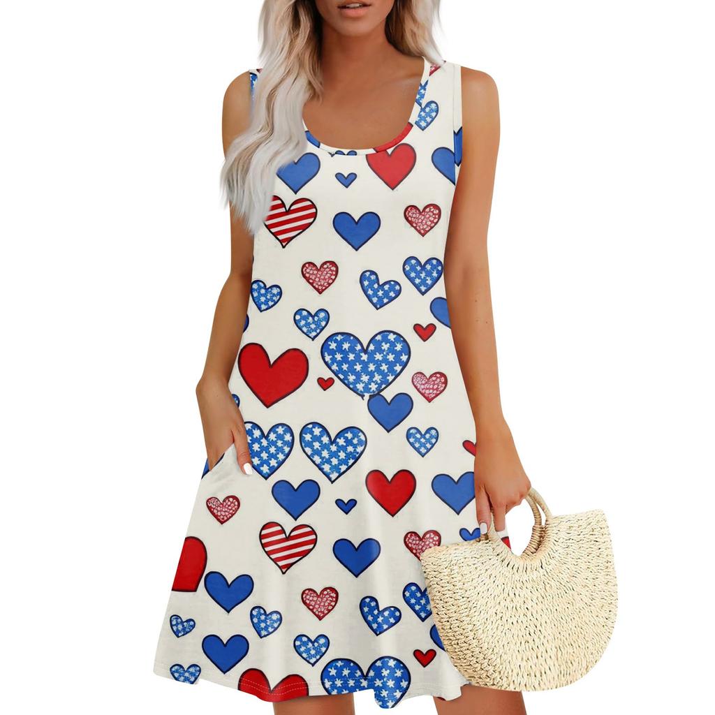 Women's Summer Casual Square Neck Independence Day Printed Dress Sleeveless Dress With Pockets
