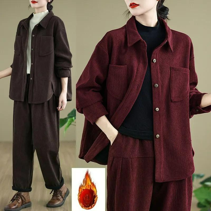 Middle-aged Mother Autumn and Winter Plus Velvet Jacket Western Style Sportswear Suit Corduroy Two-piece Suit