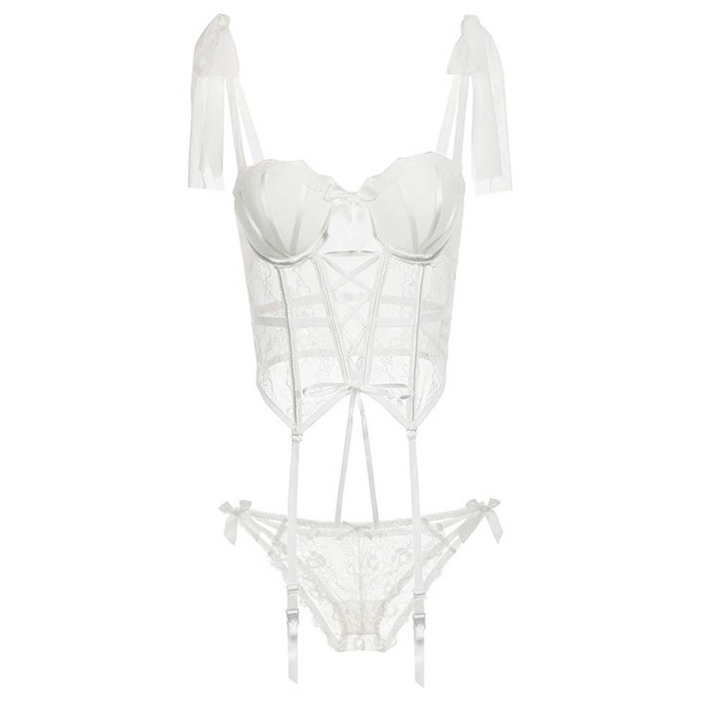 Hollow Mesh Women Lingerie Uniform Passionate Set Bow Lace Corset  Home Travel