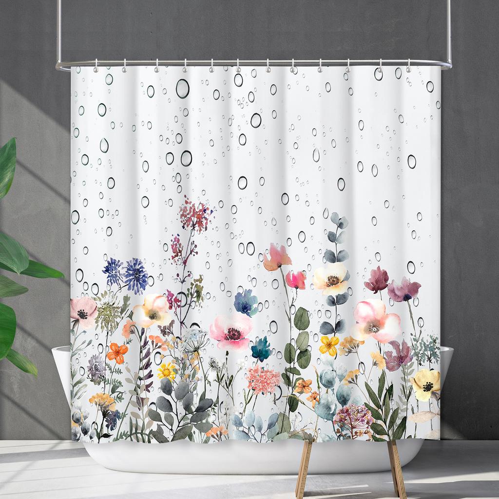 Bathroom Curtain Waterproof Shower Curtain Digital Printing Water Droplets Plant Diffuse Non-Punching Toilet Partition Curtain Shower Cloth
