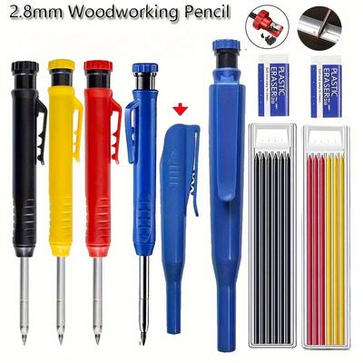 2pcs/set Woodworking Pen Set, New Plastic Woodworking Pen with Eraser, Deep Space Positioning Automatic Pencil, Built-in Sharpener, Woodworking
